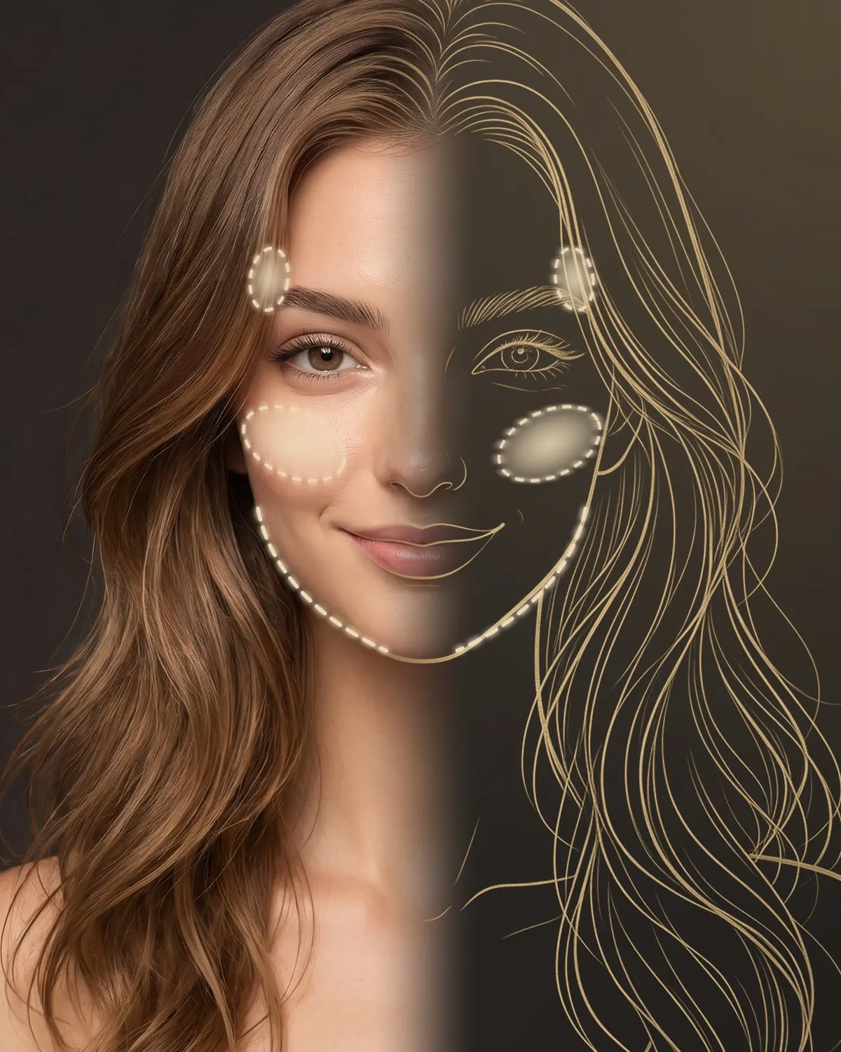 Gezicht van een vrouw, half foto en half tekening, met de typische zones van een behandeling met biostimulatoren bij de slapen, wangen en kaaklijn
