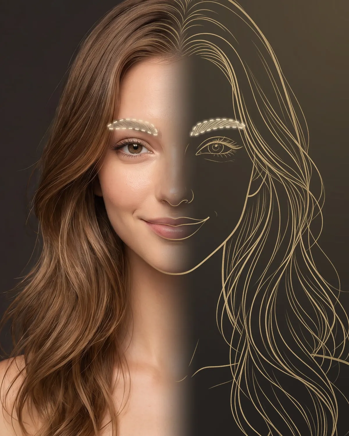 Gezicht van een vrouw, half foto en half tekening, met geaccentueerde wenkbrauwen