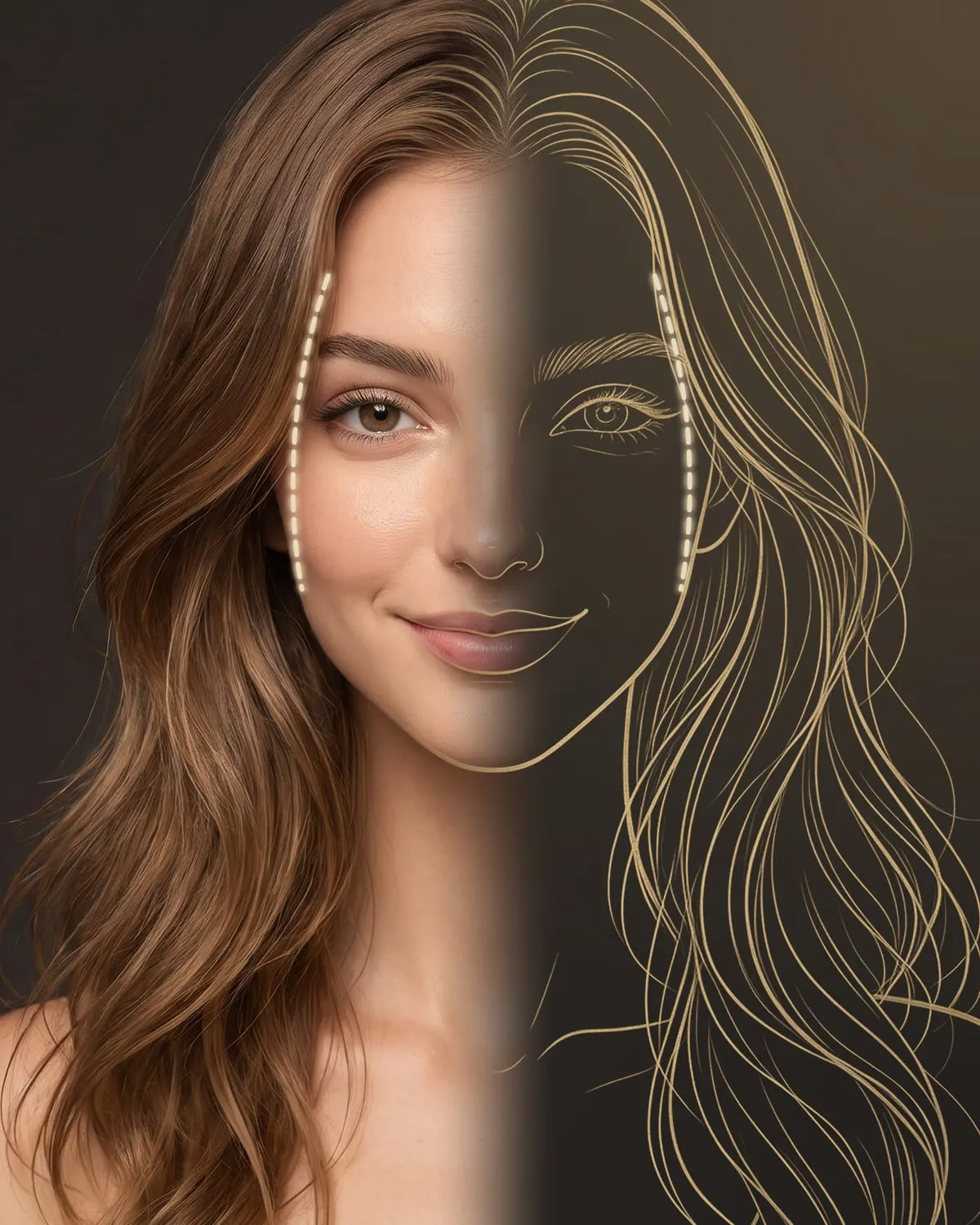 Gezicht van een vrouw, half foto en half tekening, met de incisielijn van een facelift bij de haargrens op de slaap en voor het oor