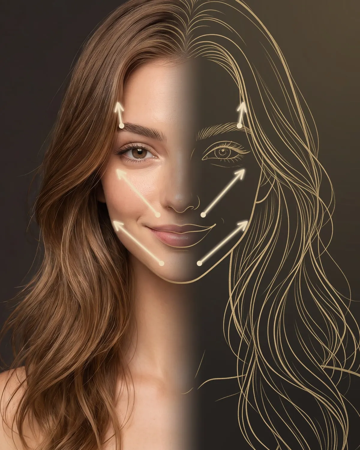 Drawing of a woman’s face with the course of the threads and their direction of pull at the eyebrows, cheeks and jawline