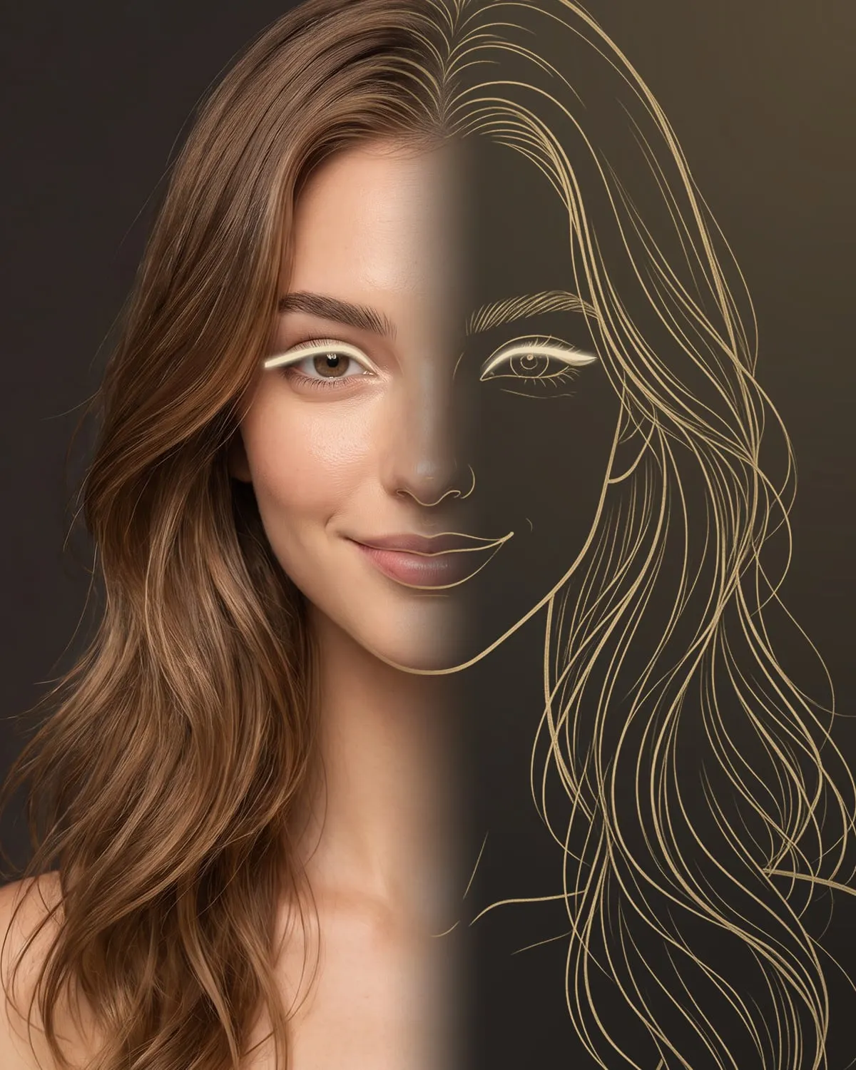Gezicht van een vrouw, half foto en half tekening, met een ooglidlijn langs de bovenste wimperrand