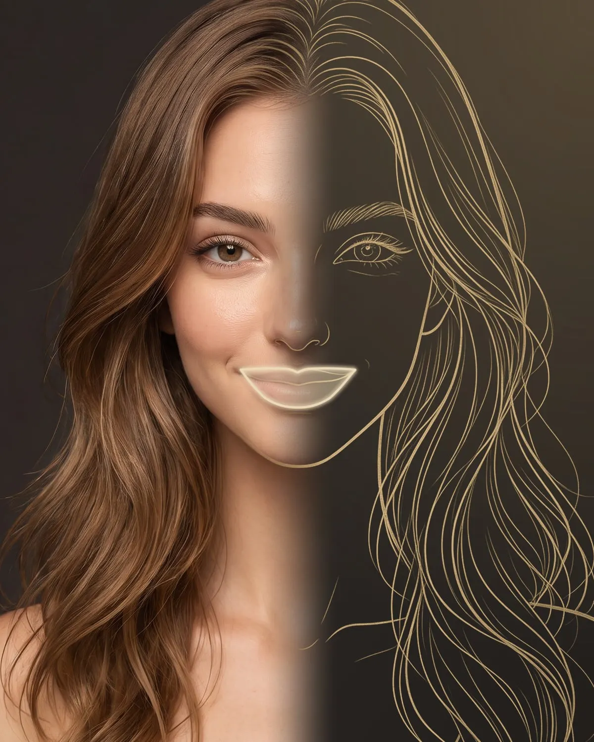 Gezicht van een vrouw, half foto en half tekening, met gepigmenteerde lippen