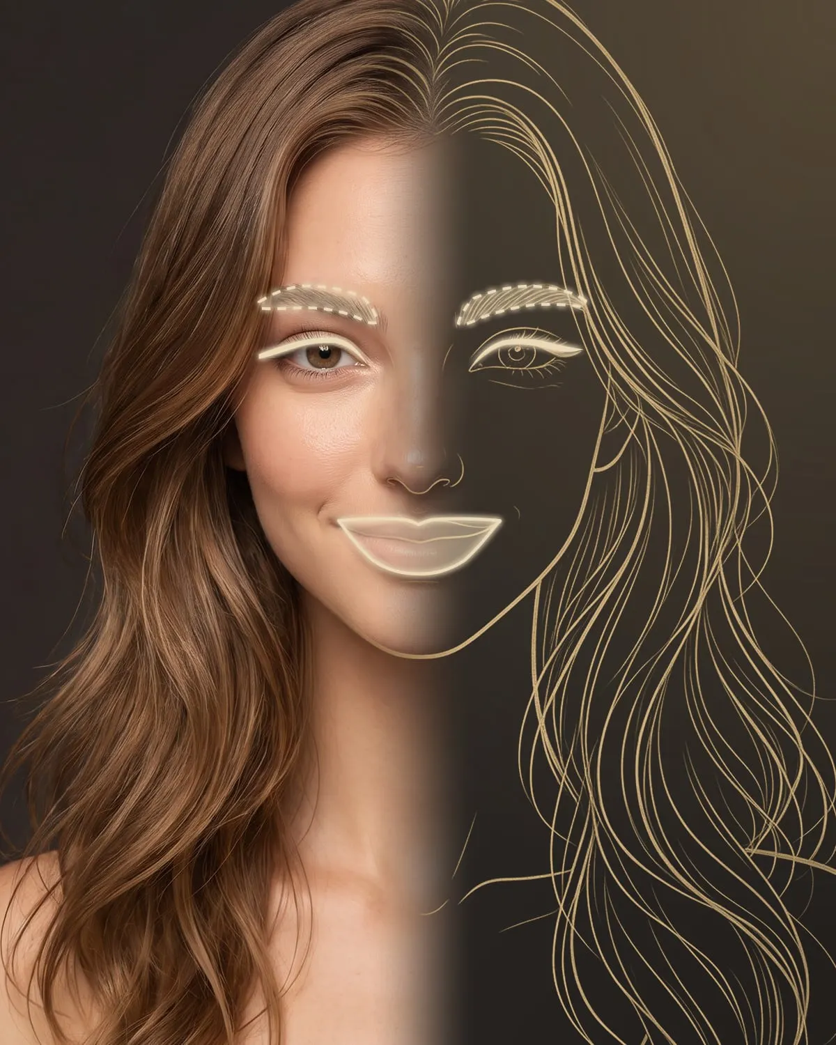 Drawing of a woman’s face with the areas of permanent make-up at the eyebrows, eyeliner and lips