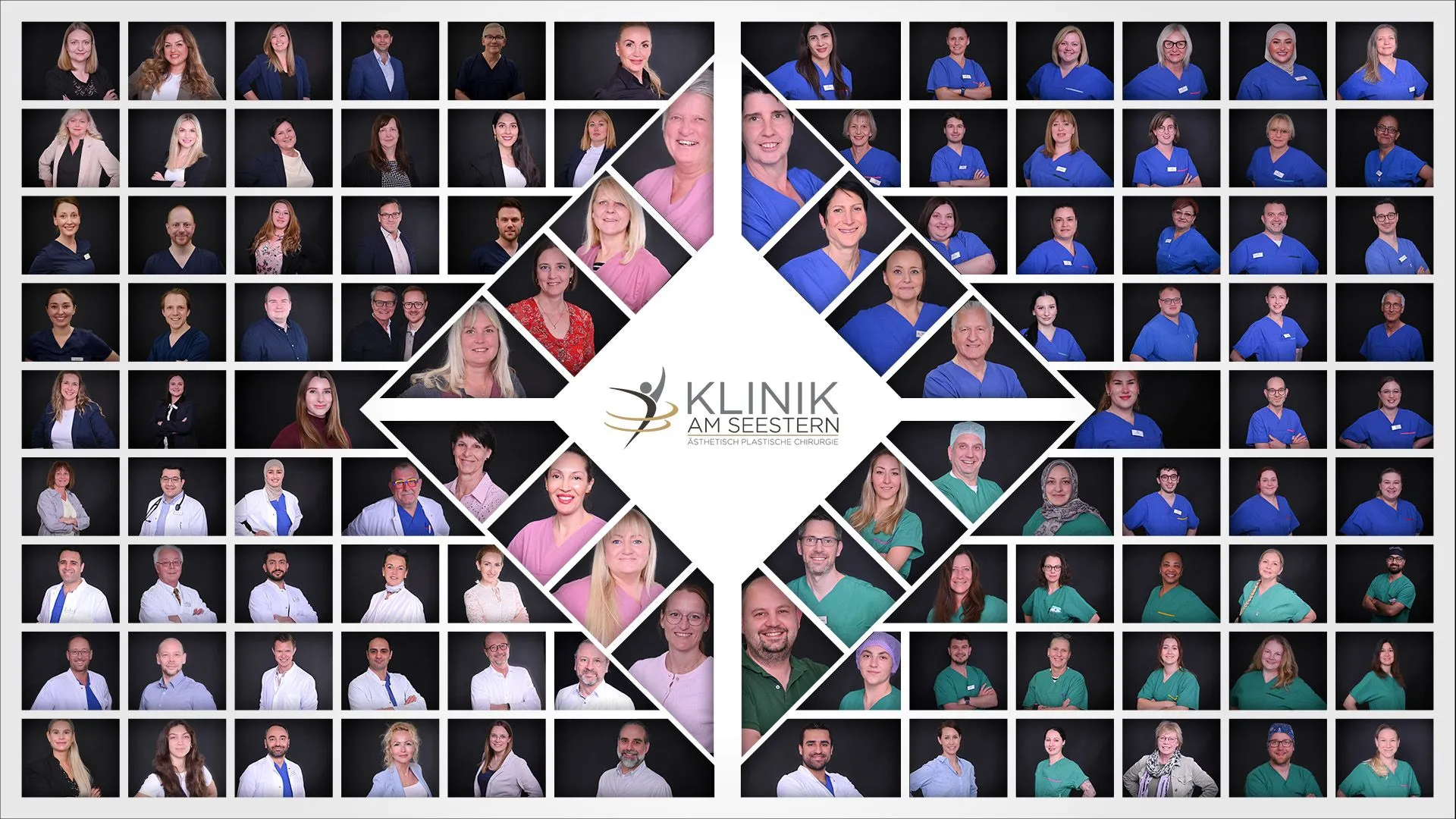 Collage met portretten van het team van Klinik am Seestern, in het midden het logo van de kliniek